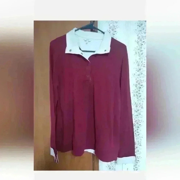 Crown & Ivy Cranberry Long Sleeve Polo Shirt Top Size Large Cuffed Snap Button - Picture 1 of 6
